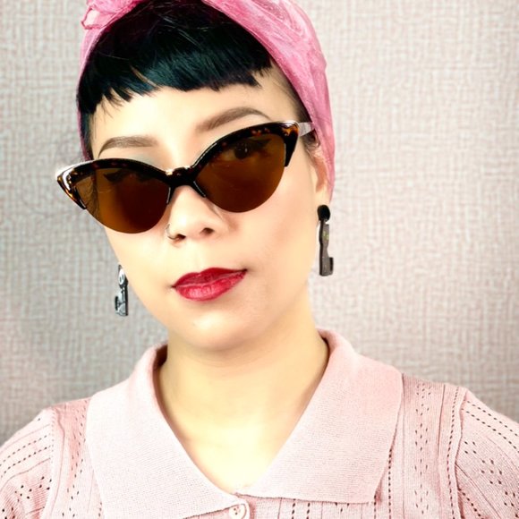 Pinup 50s Bernie Tortoise Gold Rim Frameless Bottom Retro Cateye Sunglasses - Picture 3 of 6